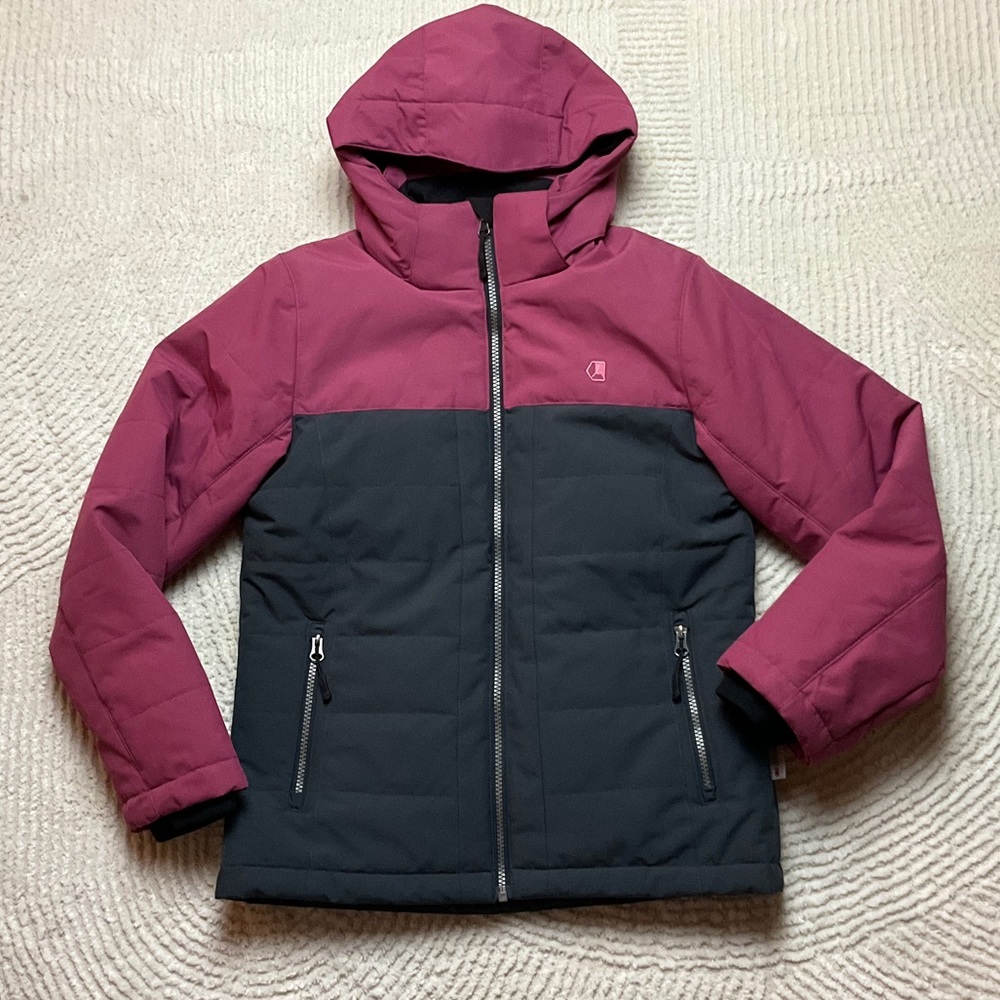 Liquid Kids Two-Tone Hooded Puffer Jacket - Rose and Black Size 12/14